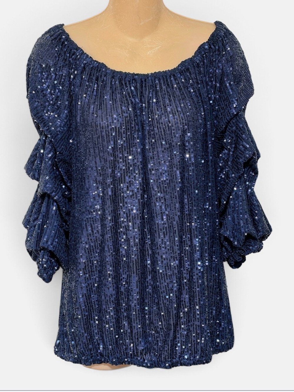 Cece Navy Sequin Ruffle Sleeve Women's Top